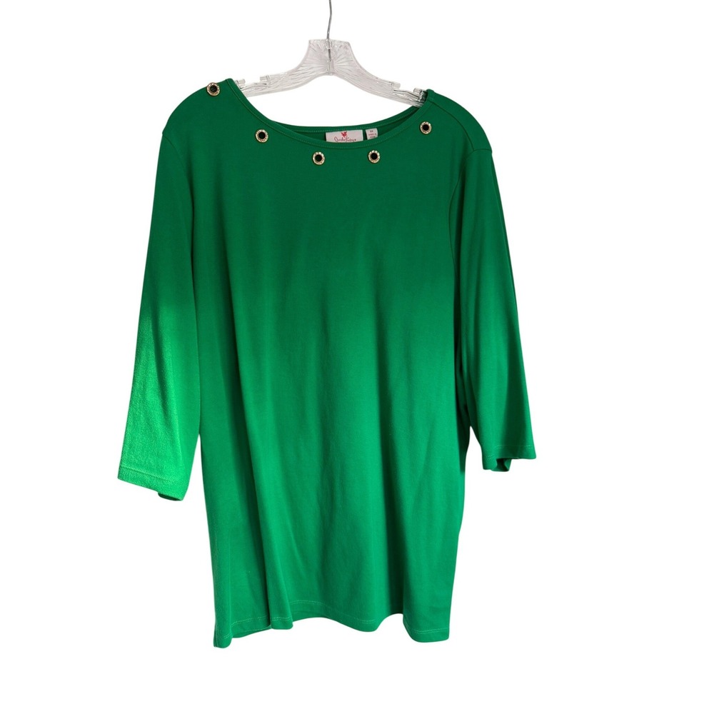 Quacker Factory Green Grommet Rhinestone Boat Neck 3/4 Sleeve Top 3X A493087